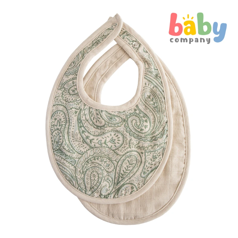 Mushie Muslin Bib 2-Pack - Green Paisley/Fog 1 Mushie Muslin Bib 2-Pack - Green Paisley/Fog
