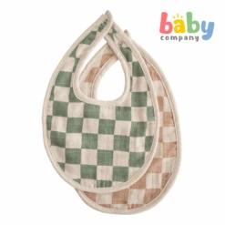 Mushie Muslin Bib 2-Pack - Olive Check/Natural Check